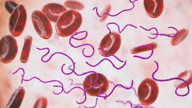 Borrelia bacteria in bloodstream, 3D animation showing motile spirochetes twisting among red blood cells, illustrating Lyme disease pathogen in human blood.