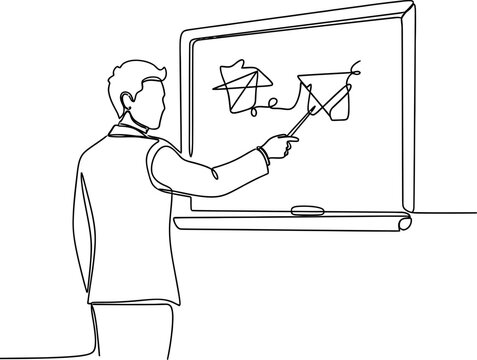 Business man drawing on whiteboard with pointer stick, single line art illustration