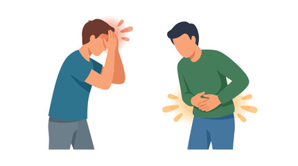 Obraz premium Illustration of men suffering from headache and stomach ache symptoms. EPS Editable. Vector Illustrations.