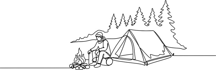Solo camper by campfire near tent and pine trees, minimalist line art © Brian