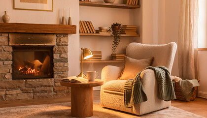 Fototapeta premium Cozy home interior featuring an inviting armchair, warm fireplace, flickering flames, glowing table lamp, and books creating a comfortable, tranquil, and relaxing atmosphere for leisure and reading
