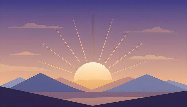 Serene twilight landscape showing a vibrant sun ascending over rolling mountain peaks, casting golden rays across the tranquil water and purple orange sky with gentle clouds
