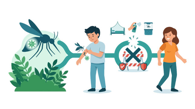 Illustration showing dengue mosquito transmission and disease prevention methods. EPS Editable. Vector Illustrations.