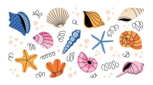 Big collection of hand drawn seashells and sea life elements. Colorful vector illustrations and stickers with various ocean treasures and sea creatures. Cute set of nautical icons for summer design.
