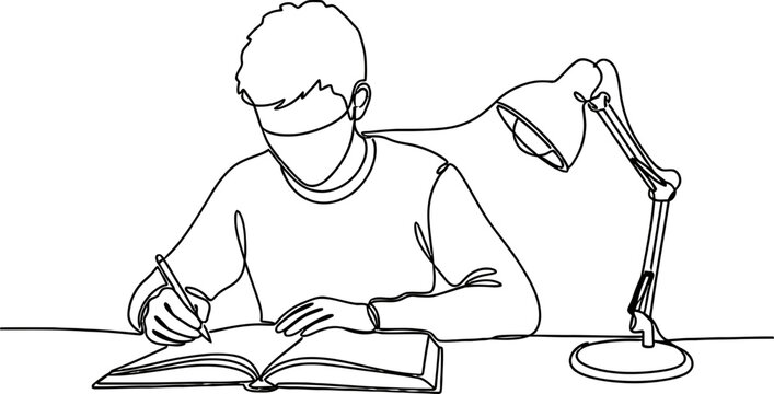 Boy studying with desk lamp, continuous line art, focused learning, homework, knowledge acquisition