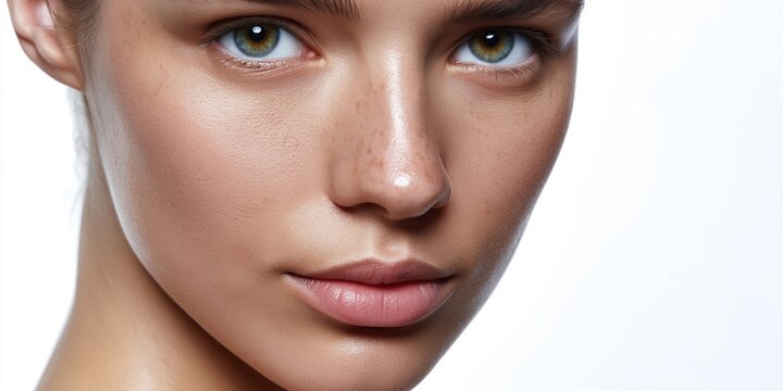 Close-up portrait of an androgynous person with striking green eyes and subtle freckles