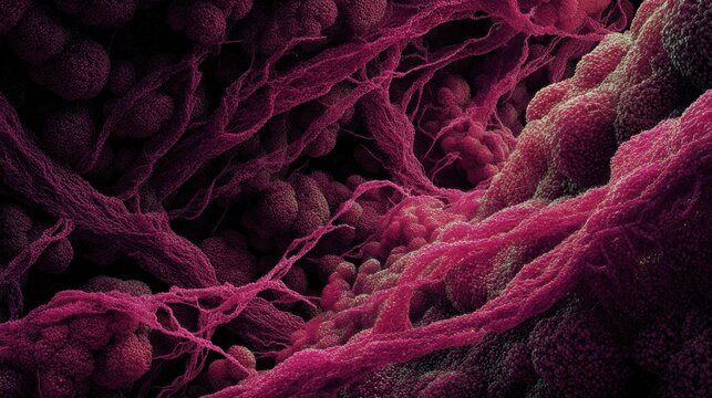 Colorized scanning electron micrograph of fibrin blood clot mesh with trapped red blood cells