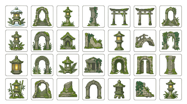 A vector icon sheet features mossy stone lanterns and ancient architectural structures.