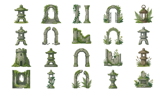 A flat vector icon sheet featuring mossy stone lanterns and archways in a garden setting with green plants and foliage.