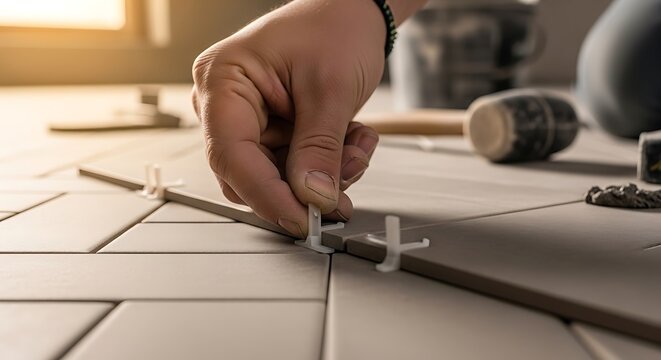 Close-up of worker hand placing spacers for ceramic floor tile installation