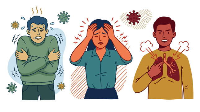 People showing common symptoms of viral infection and respiratory illness. EPS Editable. Vector Illustrations.