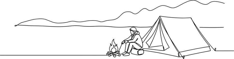 Person sitting by campfire and tent with mountain range background, minimalist line art. © Brian