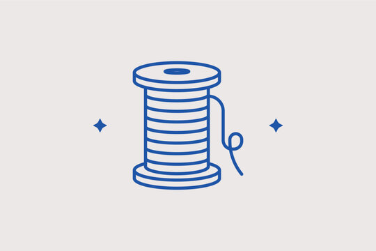 Spool of thread line icon for embroidery and industrial sewing projects. Essential vector illustration for textile manufacturing catalogs and DIY craft tutorials.