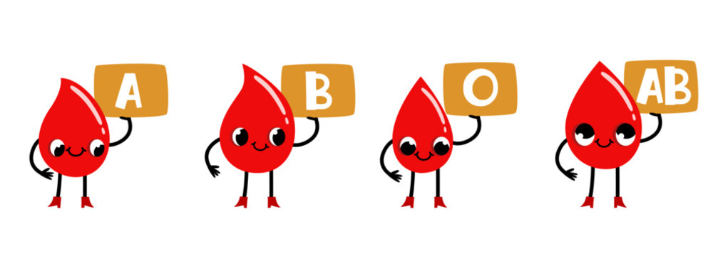 Cute cartoon blood drops characters holding signs with ABO blood groups for World Blood Donor Day celebration Hand drawn design for donation campaign