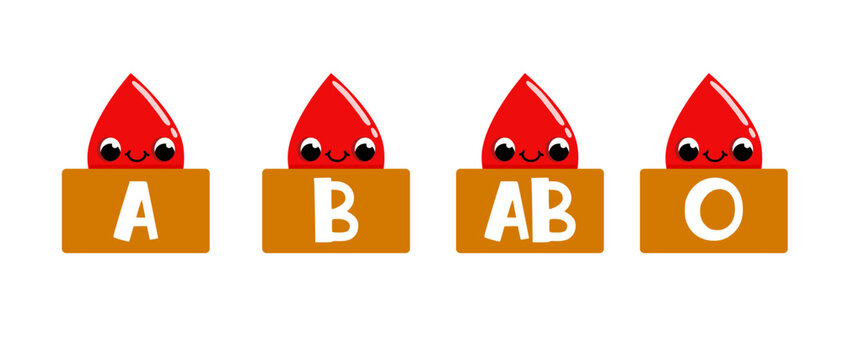 Row of four blood type characters A B AB O for medical brochures and blood donation center branding Hand drawn cartoon style isolated on white