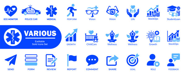 Set of various medical and business blue vector icons. Including police car, healthcare, vision, and financial growth symbols for user interface design use. © icons.point