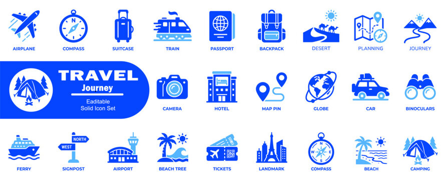 Travel Journey Icons set. Airplane compass suitcase train passport backpack desert planning journey ferry signpost airport beach tree tickets landmark.