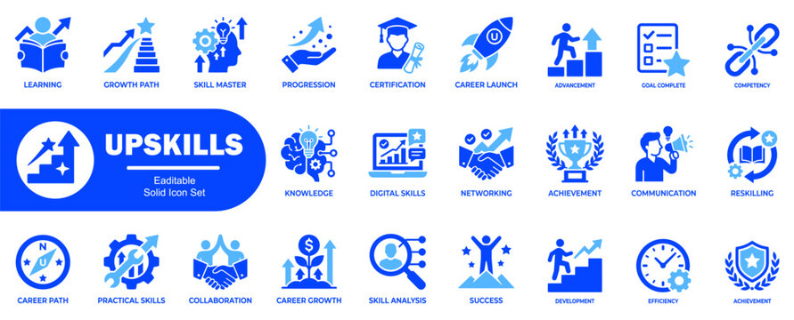 Upskill solid icons. Learning growth path skill master progression certification career launch advancement goal complete competency knowledge.