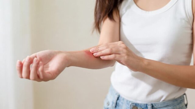 Woman scratching an irritated skin rash on her forearm with visible redness and itching discomfort.