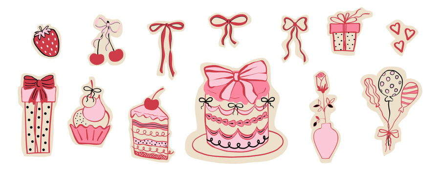 Doodle coquette stickers for scrapbook album,  wedding invitation,  birthday card with  balloons, bows, cake. Cute ribbons, cherry, strawberry. Outline vintage vector illustrations.