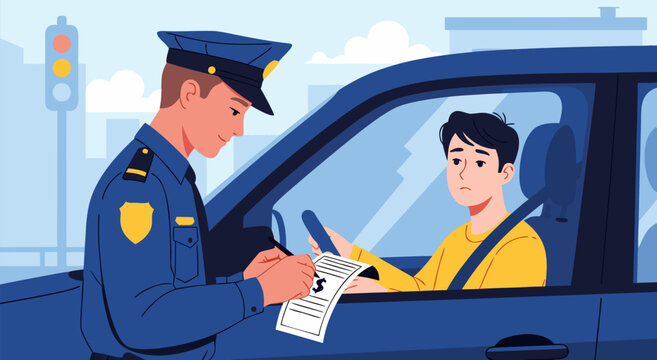 A stressed young driver is receiving a traffic ticket from a police officer in this vector illustration of a traffic stop