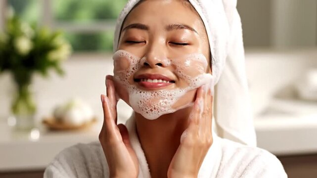 Serene Asian woman cleansing facial skin with moisturizing cosmetic gel, gently massaging face during pampering skincare routine, bubbly foam with water, eyes closed in peaceful relaxation.
