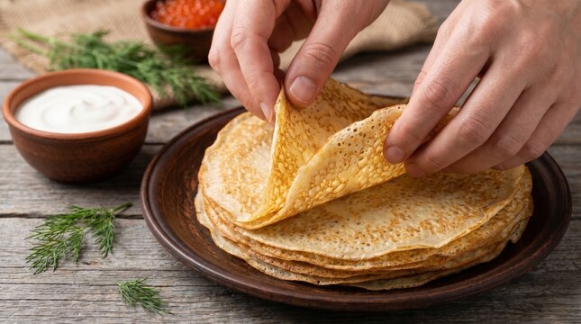 Hands fold delicate blini. Served with red caviar, creamy smetana, and fresh dill. Traditional Russian cuisine and festive gourmet dining.