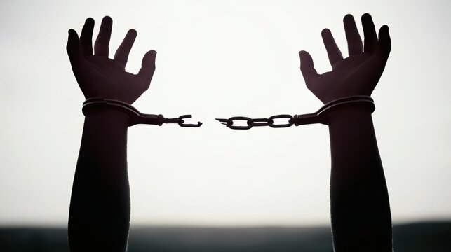 Silhouette of human hands raised with broken chain showing escape from bondage and concept of freedom and liberation against a bright background