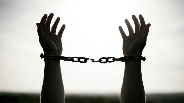 Silhouette of raised hands with open broken handcuff chain symbolizing freedom and release from captivity against bright sky background