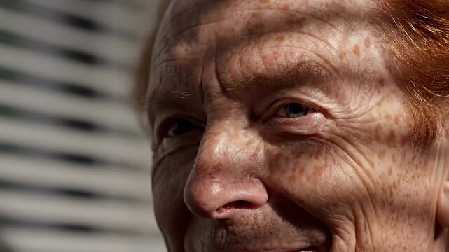 Close up of an elderly woman with red hair and freckles. Dramatic lighting creates a contemplative mood. Ideal for skincare, aging, or human interest content.