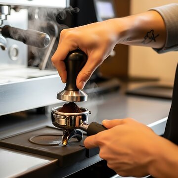 Barista tamping coffee grounds in portafilter for espresso preparation.