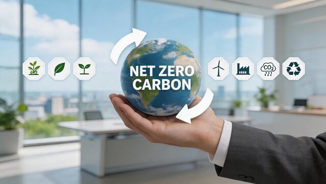 Hand holding earth globe with net zero carbon text and sustainability icons representing renewable energy, recycling, and green ecology in modern bright office space.