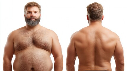 Naklejka premium Man's body transformation from overweight to fit, front and back views