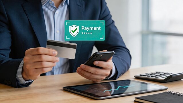 Man holding credit card and smartphone with secure payment badge, digital transaction and financial security concept