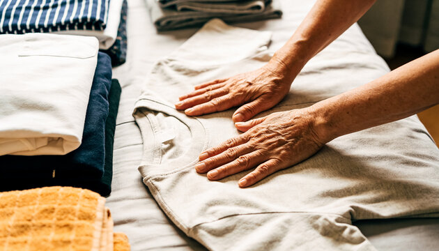 An elderly female hands fold laundry on a bed in a bright room, neatly organizing laundry