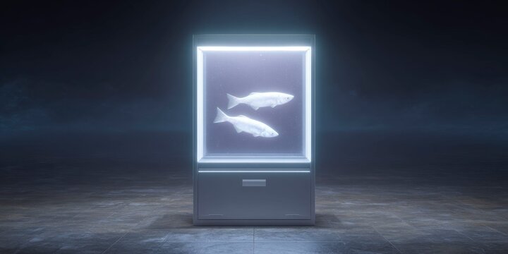 a futuristic, glowing fish vending machine with two white fish inside