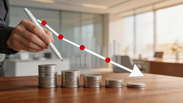 Financial loss and economic decline concept, hand pointing to downward trend arrow on chart, decreasing stacks of coins representing budget cuts, recession, debt crisis or