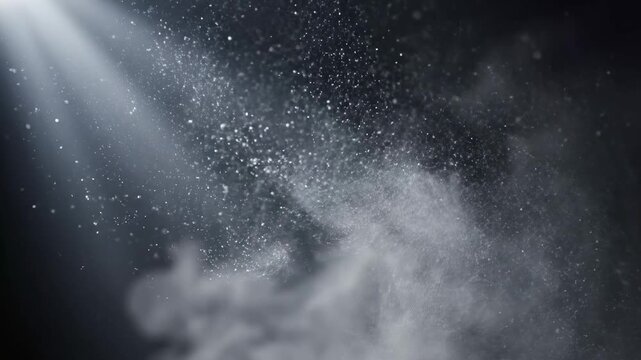 A dramatic shaft of light pierces the shadowy expanse, illuminating a swirling cloud of fine particles and shimmering dust creating an ethereal, atmospheric effect perfect for mystical