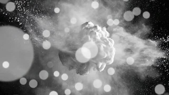 Ephemeral cloud of bursting particulate matter dramatically erupts against a stark, tenebrous expanse, creating a visually arresting, dynamic burst of textured airborne dust illuminated