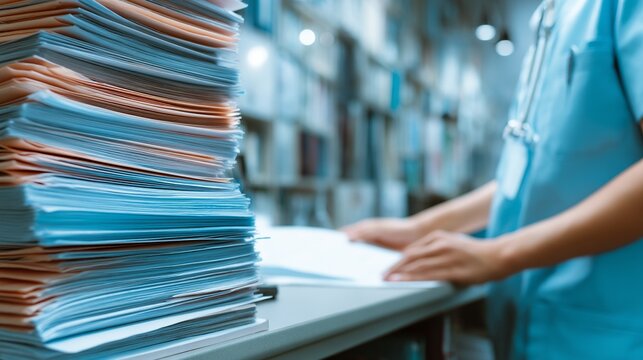 Healthcare professional organizing stacks of patient files in a modern medical office with efficient documentation practices and streamlined workflow. Generative AI