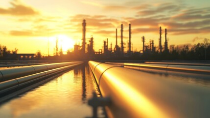 Obraz premium Industrial complex at golden sunset. Pipes reflect in water