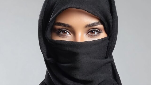 Close-up portrait of a woman wearing a black hijab, focusing on her expressive eyes
