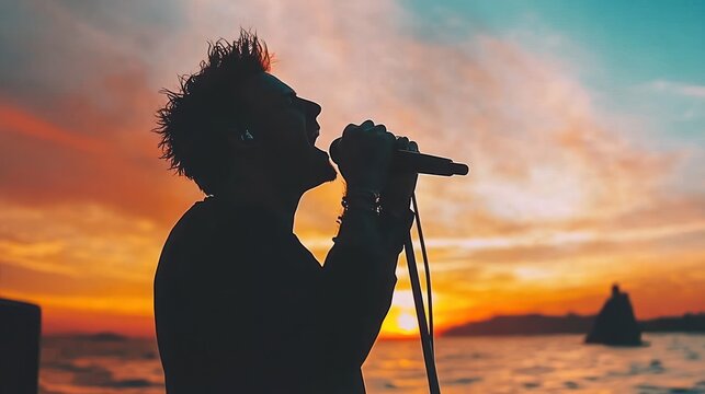 Silhouette of a man singing into a microphone at sunset