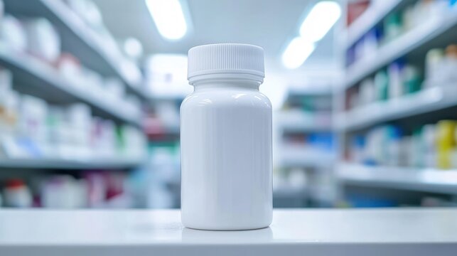 White pill bottle on pharmacy counter