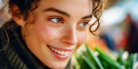 Fototapeta premium Young woman with curly hair smiling brightly, holding fresh green vegetables in a market