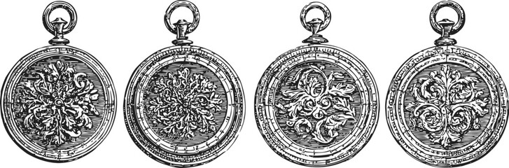 Naklejka premium Intricate vintage pocket watches with ornate floral engravings in antique collection