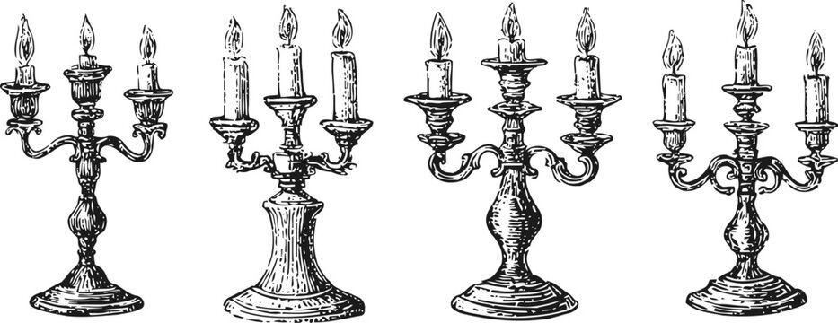 vintage elegant five arm candelabras with burning candles in detailed sketch