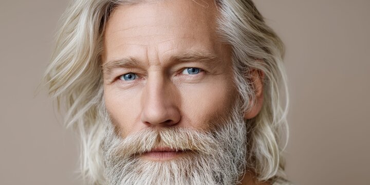 Close-up portrait of a stylish man with long blonde hair and a full beard