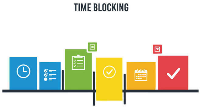 Time blocking concept illustrated with colorful blocks and productivity icons