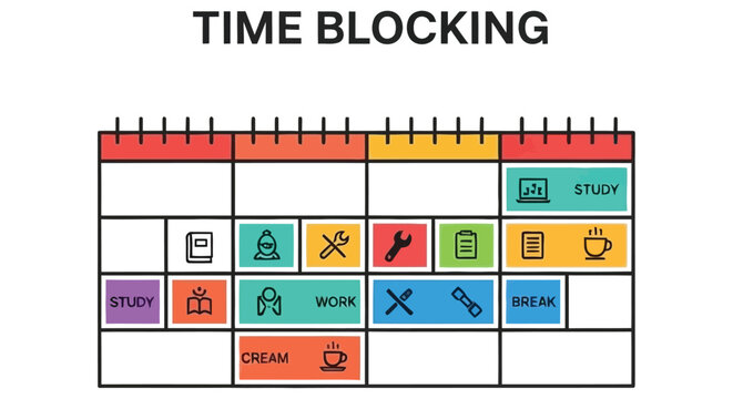 A colorful calendar illustration demonstrating the concept of time blocking